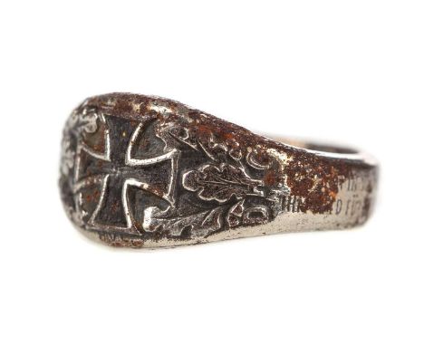 IRON CROSS RING,with mottos flanking the black enamel cross, inscribed 'PAT.NOV.24.1914' to interior