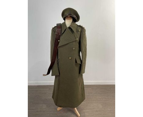 WWII-PERIOD ROYAL PIONEER CORPS OFFICER'S GREAT COAT AND CAP,along with a Highland Light Infantry beret and glengarry, a Roya