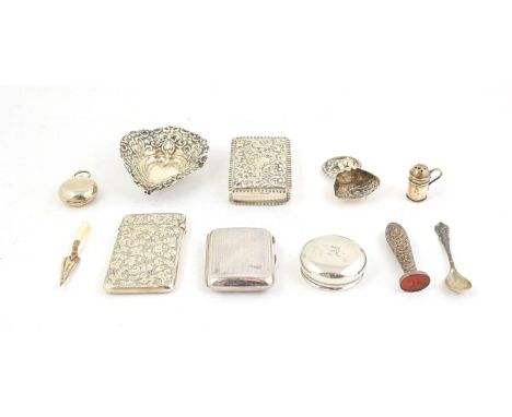 A Collection of Silver, including: a card-case, engraved with foliage, 8.5cm high; an embossed box, with crimped border, 7.3c