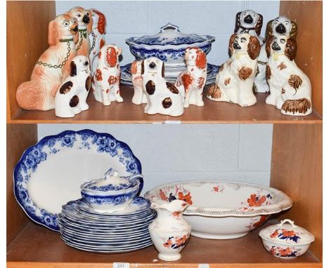A Royal Doulton part dinner service Sutherland pattern, a collection of mantel dogs including Staffordshire and a part toilet