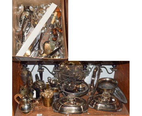 A quantity of silver plated items including a pair of entree dishes, pair of three branch candelabra, a Windermere can, tea s