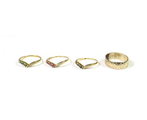 Three gem set stacking rings, stamped '585', finger size J1/2 (a.f.); and a 9 carat gold band ring, out of shape.  Stacking r