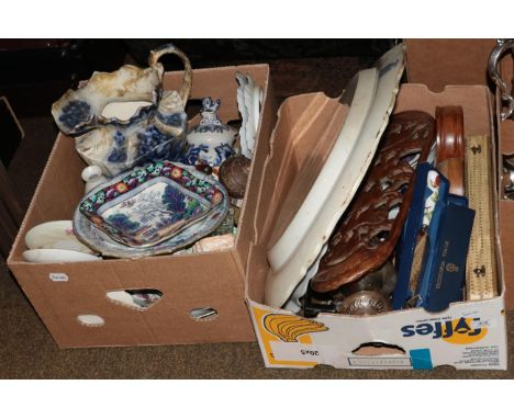 Two boxes of ceramics and metalwares etc. including Victorian printed meat dish, Royal Worcester Evesham including boxed cutl