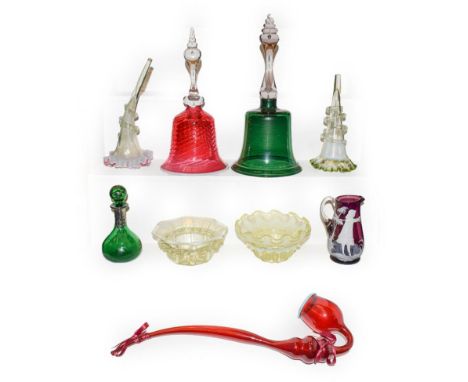 A tray of mainly Victorian glass including cranberry and emerald bells, Vaseline dishes, Nailsea type ruby pipe, epergne flut