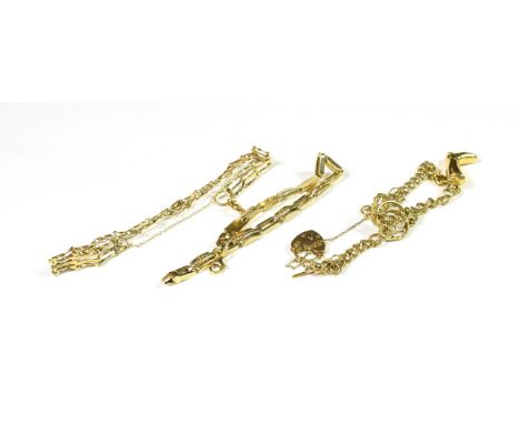 A 9 carat gold charm bracelet, hung with various charms including a boot, a cross etc; a 9 carat gold fancy link bracelet, le