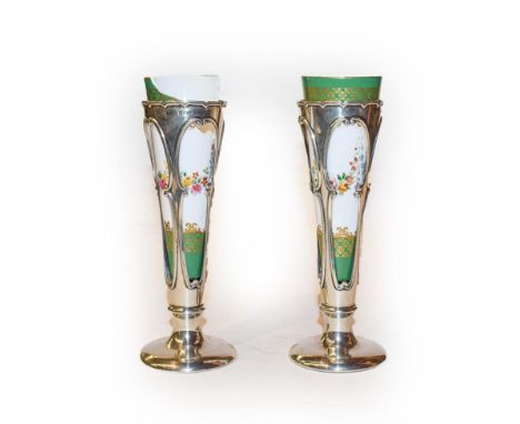 A pair of silver mounted Royal Worcester spill vases, shape no 2345, pure marks the silver marked for Birmingham, 17.5cm (a.f