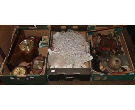 An inlaid mantel clock, three mantel timepieces, box of coral, box of misc (three boxes)