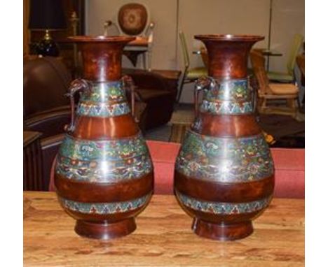 A pair of modern Chinese bronze and champleve enamel baluster vases with twin elephant mask handles, square seal marks 46cms