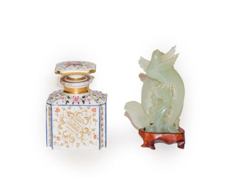 A modern Chinese pale celadon jade carving of a pair of birds on wooden plinth, 15.5cm, together with a Paris porcelain scent