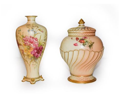 A Royal Worcester blush ivory vase and cover, shape number 1720, puce marks 21cm, together with a further piece of Royal Worc