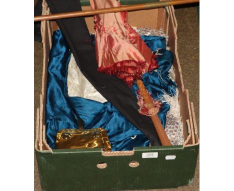 A box of textiles including a parasol with carved handle, two kimono including embroidered silk example together with an Arts