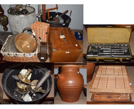 A large quantity of assorted metalwares and tools including dolly tub, frame saws, saw blades, stoneware jar, socket set and 