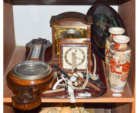 An Elliot striking mantel clock, similar mantel timepiece, an oak cased wall barometer, two Kutani vases, a quantity of quart