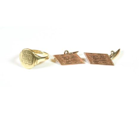 A 9 carat gold signet ring, finger size S; and a pair of cufflinks, stamped '9CT' .  Ring - 5.8 grams. Cufflinks - 5.7 grams.