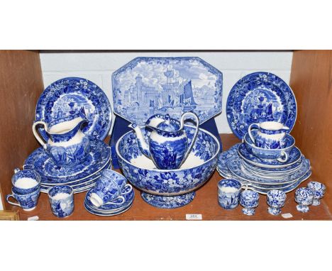 A quantity of blue and white transfer printed pottery to include mainly Wedgewood Ferrara pattern, coffee pot, pedestal bowl,