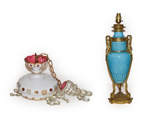A 19th century Sevres style turquoise glazed and gilt bronze mounted oil lamp converted to a table lamp together with a Bohem