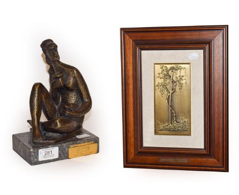 A bronze figure by Stojan Batic (1925-2015) female nude with goblet and a 1989 gilt metal vine plaque by Marian Cernigoj.  Sc