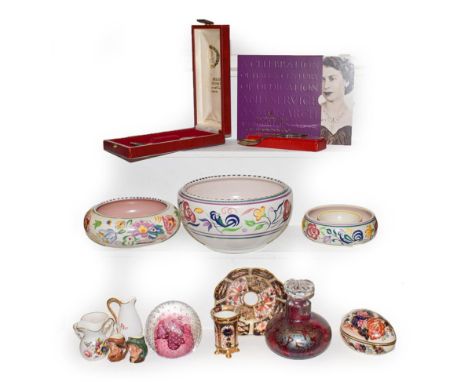 A quantity of ceramics and glass, including two pieces of Royal Crown Derby Imari 1128, Royal Brierly iridescent scent bottle