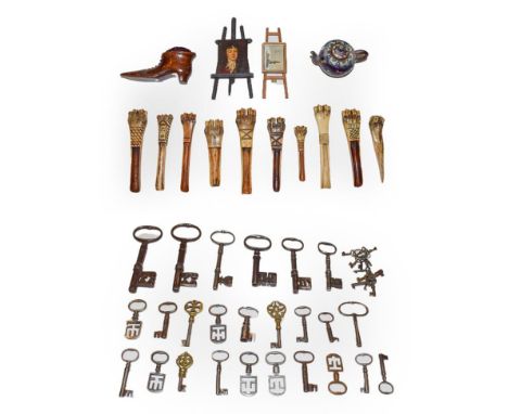 A tray of assorted items including, various mainly antique steel keys including Georgian examples, treen boot shaped pin cush