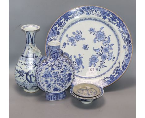 A Chinese blue and white moon flask, charger etc largest diameter 41cm