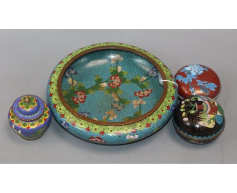 A Chinese cloisonne enamel bowl, two boxes and a jar and cover