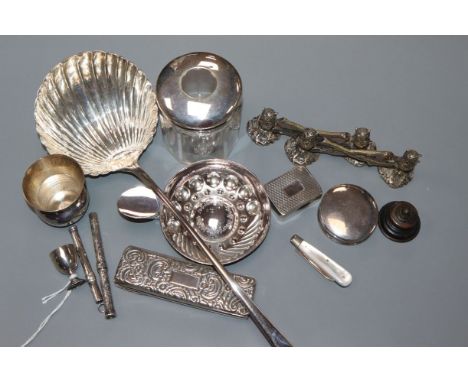 A George III silver Old English pattern soup ladle, London, 1781 and thirteen other items, including a silver miniature goble