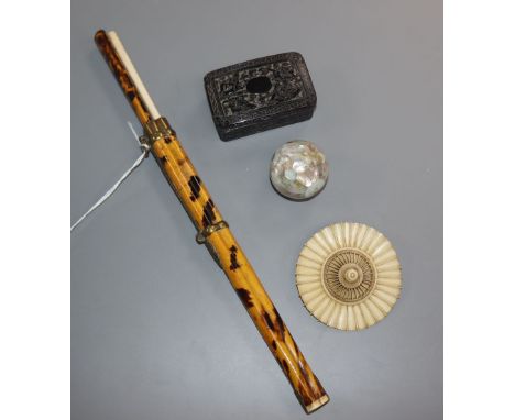 A Chinese tortoiseshell snuff box, a pair of chopsticks, mother-of-pearl ojime and an ivory parasol section