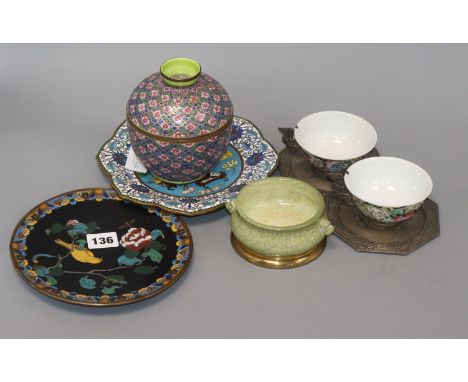 Four pieces of cloisonne, two metal cups and saucers and a censer