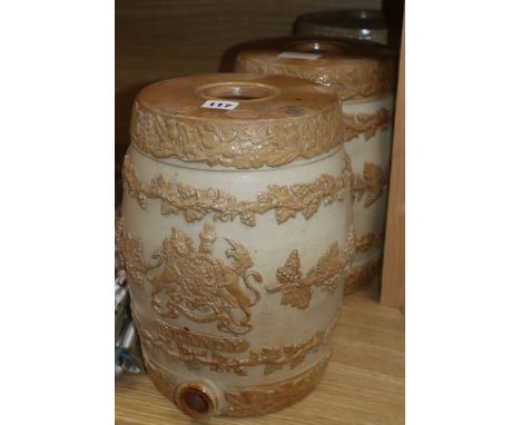 A set of three Doulton &amp; Watts Lambeth pottery spirit barrels, mid 19th century, titled 'GIN', 'BRANDY' and 'RUM'