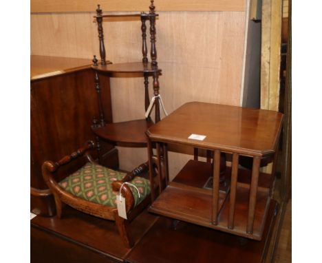 A table top revolving bookcase, W.36cm, a miniature footstool, W.37cm and a three tiered wall bracket W.36cm