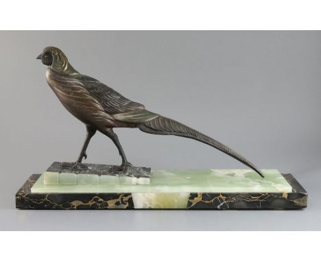 After Irénée Rochard (French 1906-1984). An Art Deco bronzed spelter model of a pheasant, on three colour marble plinth, leng