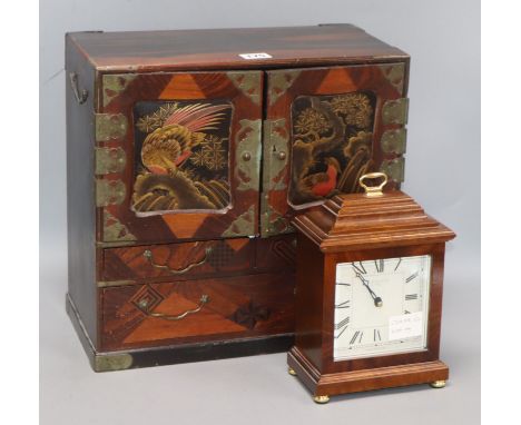 A Japanese parquetry table-top cabinet and a Comitti mantel clock cabinet height 35cm