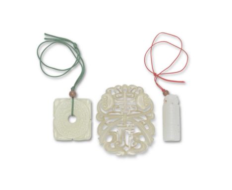 A PALE CELADON JADE 'FU' PLAQUE, A WHITE JADE 'BI' PENDANT AND A WHITE JADE PLUME HOLDER19th/20th centuryThe plaque pierced a
