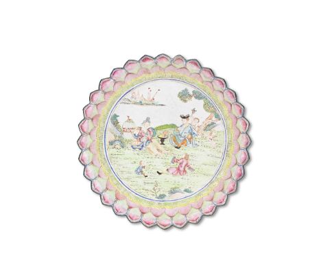A PAINTED ENAMEL EUROPEAN SUBJECT STEM DISHQianlong The vessel raised on a domed foot, with a double lotus petal lobed rim, t