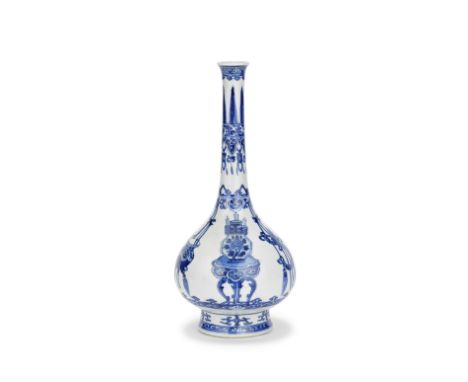A BLUE AND WHITE SLENDER PEAR-SHAPED VASEKangxiDecorated around the body with suspended tasselled vessels and dragon pendants