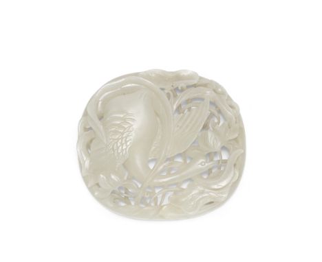 A PALE CELADON JADE 'SPRING WATER' OVAL PLAQUE20th centuryDeeply carved and pierced to depict a goose with wings spread divin