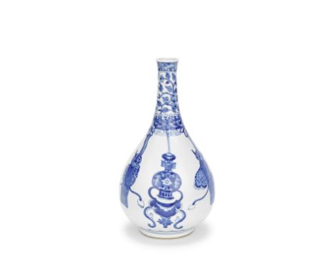 A BLUE AND WHITE PEAR-SHAPED BOTTLE VASEKangxiThe body painted with two arrow vases on tables alternating with sets of penden