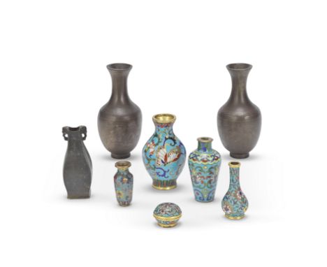 A COLLECTION OF MINIATURE BRONZE AND CLOISONNÉ ENAMEL WARES17th century and laterComprising; a miniature square section vase 