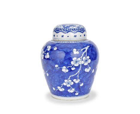 A BLUE AND WHITE 'PRUNUS' JAR AND RELATED COVERKangxiDecorated to the body with upright and trailing branches of prunus bloss