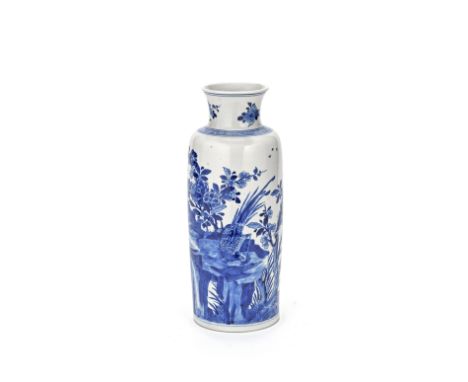 A BLUE AND WHITE ROULEAU VASEKangxiFinely painted around the body with a bird of paradise resting upon rockwork amongst bloss