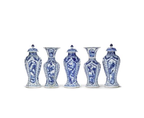 A FIVE-PIECE BLUE AND WHITE GARNITUREKangxiComprising: three baluster vases and covers and two inverted baluster vases with f