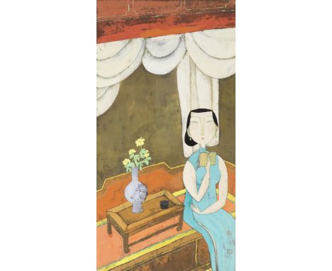 HU YONGKAI (1945-)Lady in TurquoiseMixed media on paper, framed and glazed. 74cm (29 1/8in) high x 35.5cm (14in) wideFootnote