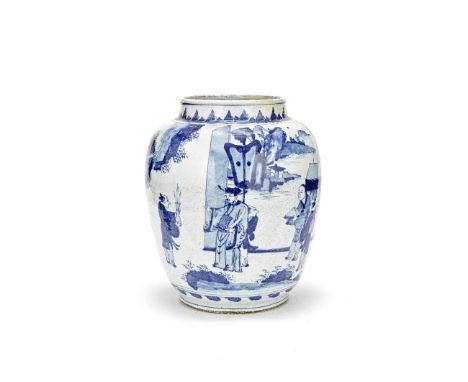 A LARGE BLUE AND WHITE OVOID JARShunzhi/early KangxiThe rounded sides rising to a short waisted neck, painted with a continuo