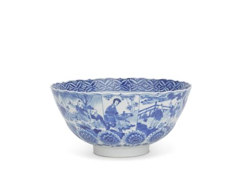 A MOULDED BLUE AND WHITE BARBED RIM BOWLQi yu bao ding zhi zhen six-character mark, KangxiDecorated with alternating panels o