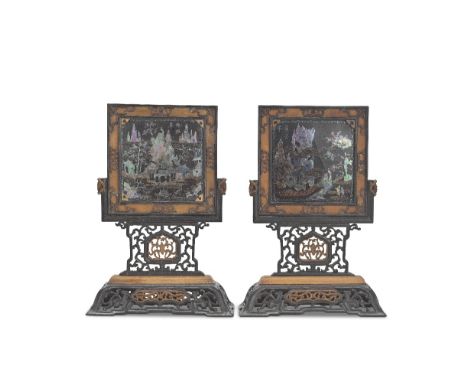 A PAIR OF LAQUE BURGAUTÉ 'VIEWS OF HUANGSHAN MOUNTAIN' PANELS MOUNTED AS TABLE SCREENSKangxi The rectangular panels inlaid wi