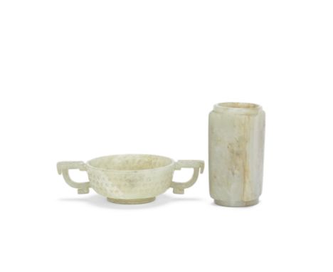A PALE GREEN JADE CONG AND A DOUBLE HANDLED CUPMing DynastyComprising: a pale green and russet jade square-sectioned archaist