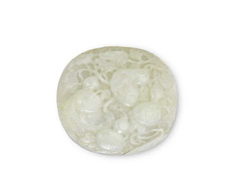A WHITE JADE OVAL 'GOURDS' PLAQUE18th centuryCarved in relief with fruiting, leafy gourd vines suspending four large double g