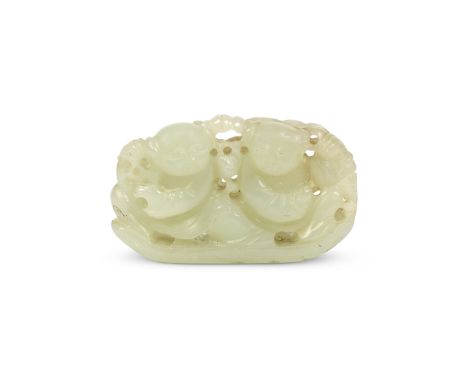 A PALE CELADON JADE 'HEHE ERXIAN' GROUPMid-Qing DynastyCarved in openwork with the two smiling twins seated side by side, the