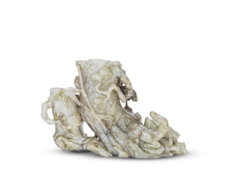 A CARVED MOTTLED GREY JADE 'THREE FRIENDS' TRIPLE VASE GROUP17th centuryCarved in the form of three conjoined, gnarled open t