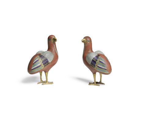 A PAIR OF CLOISONNÉ ENAMEL 'QUAILS' INCENSE BURNERS AND COVERSQianlongEach standing with the head variously turned to left an